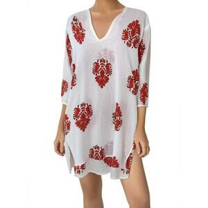 Barbara Gerwit Tunic Top Womens Medium  Print V-Neck Side‎ Slit Boho Resort